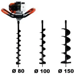GT GARDEN Tarière Thermique 52 Cm3, 3 CV + Lot De 3 Mèches (80, 100 Et 150 Mm)